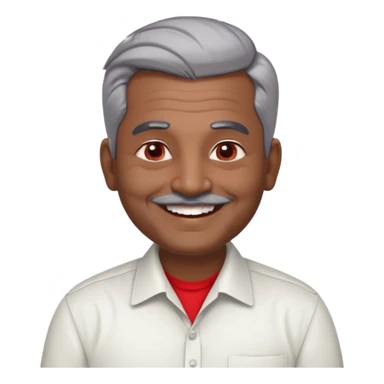 50 yr old indian man, dark skin, grey hair, big smile, white teeth, chubby, no moustache, clean shaven, young style hair, hair brushed back, 5 oclock shadow, bindy on forehead, dress shirt, red dot sticker