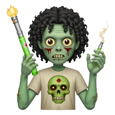 black mid long curly haired zombie getting stoned with weed t shirt and bong on his hand sticker