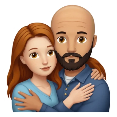 Couple. Bald man with dark brown-black beard. White woman with many small, faded freckles, she has white skin and she has auburn-yellow-brown-cinnamon, dark long hair. She has light brown eyes. The man have hazel eyes. Retro style. They hug. sticker