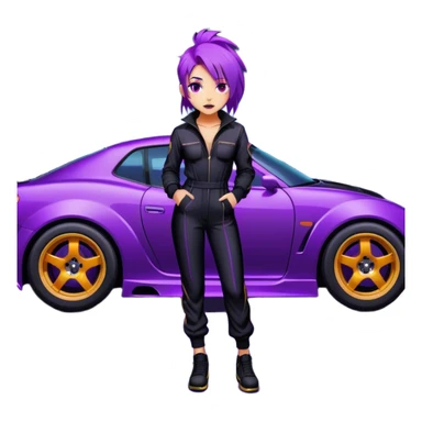 A street racer girl with messy purple hair, black jumpsuit, standing beside a neon-lit car. sticker