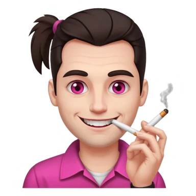 A white man with dark brown hair in a ponytail, oversized bloodshot pink eyes, grinning, smoking a long roll up sticker