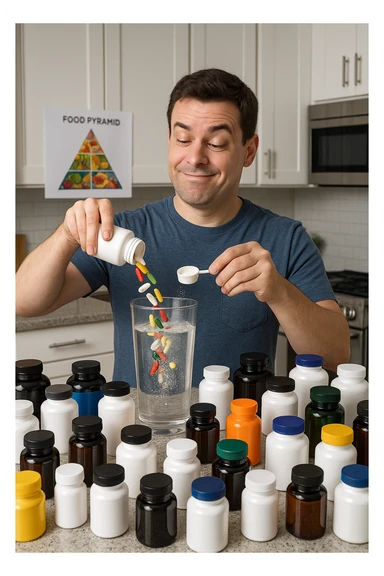 a man stands in his kitchen, enthusiastically pouring multiple supplement pills and powders into a large glass of water. The kitchen counter is cluttered with dozens of supplement bottles, and his expression is confident but slightly oblivious. In the background, a nutrition guide or food pyramid is ignored, highlighting his focus on supplements over balanced nutrition. sticker