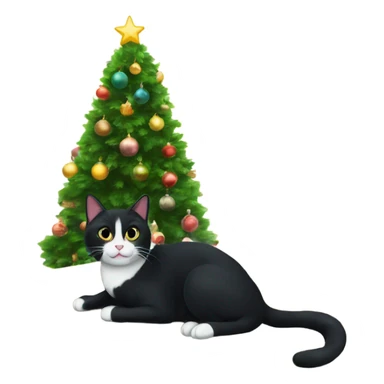 Black tuxedo cat sitting Christmas tree  sticker