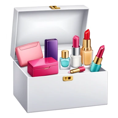 an open box overflowing with beauty products, including lipstick, face cream, and a perfume bottle sticker
