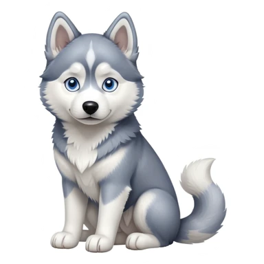 cinematic-[siberian husky]-realistic-full-body-sitting-emoji,-tail-resting-loosely-beside-its-paws,blue eyes-head-tilted-dramatically, -fluffy-[grey and white]-fur,-simplified-yet-realistic-focused-features,-highly-detailed,-glowing-with-an-almost-sarcastic-glow sticker