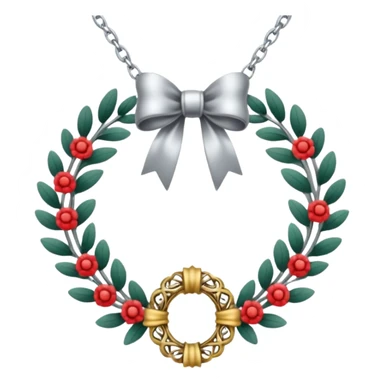 A silver necklace with a wreath shaped pendant and a bow at the top sticker
