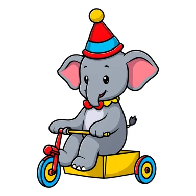 Comical gray elephant wearing a clown hat riding a small colorful tricycle sticker