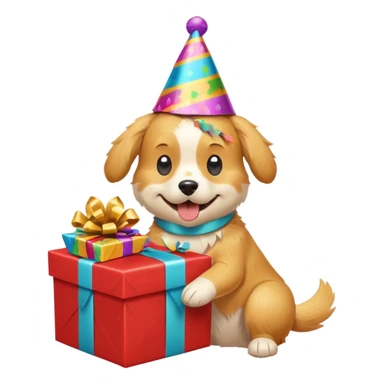 happy dog with a party hat tearing open a gift box sticker