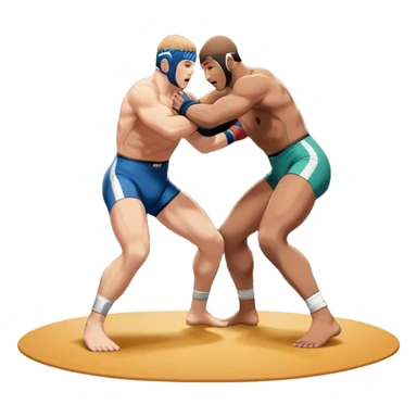 An icon featuring two wrestlers engaged in a fierce bout of freestyle wrestling. One wrestler is performing a lift, while the other tries to counter with a defensive move. The background showcases a wrestling mat with bright spotlights and a dynamic atmosphere. Transparent background sticker