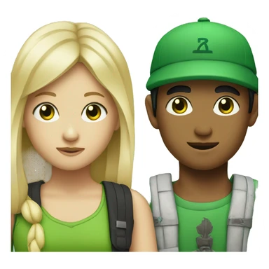 blonde boy with green eyes wearing green cap written bali on it with Asian girl with long straight black hair  sticker