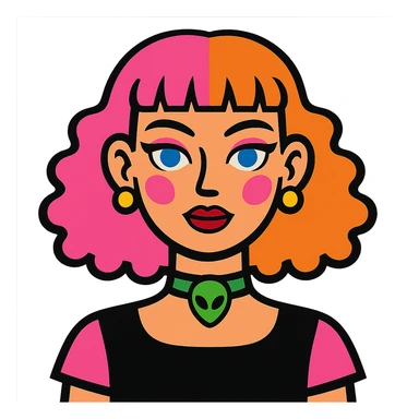 girl with blue eyes, pink makeup, narrow eyebrows, earrings, green alien head choker, black and pink blouse, curly hair to shoulders, hair half hot pink and half ginger, short straight baby bangs sticker