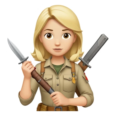 Blonde female wilderness explorer Melissa Backwoods holding a survival knife sticker