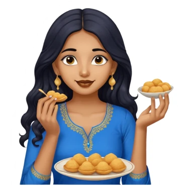a pretty tan indian bratz girl with wavy long BLACK hair. eyeliner on, wearing a blue kurti, eating golgappa. NO SPOON sticker