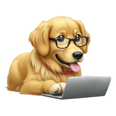 Golden retriever with reading glasses typing on computer sticker