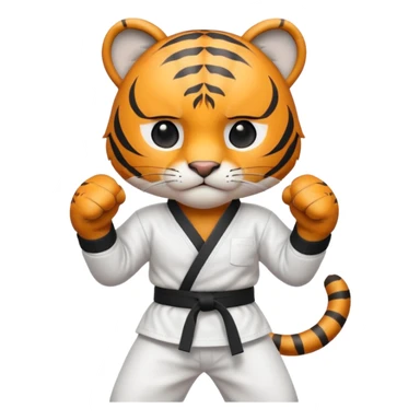 cute tiger doing karate portrait, head and shoulders only, wearing white gi uniform, black belt visible, fierce expression, 3D cartoon, mobile game icon style, clean background, no text, no watermark
 sticker