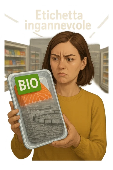 Scena in un supermercato moderno: uomo o donna tiene in mano una confezione di salmone etichettata 'BIO', con un grande bollino verde. Ma in trasparenza, dietro l’etichetta, si intravede un allevamento intensivo di salmoni in gabbie marine, acqua torbida e pesci ammassati. Espressione del cliente confusa e sospettosa. Sopra la testa, testo simbolico fluttuante: 'Etichetta ingannevole'. Colori contrastanti: confezione brillante ma realtà di fondo grigia e artificiale. Stile realistico con elementi simbolici forti realistico sticker