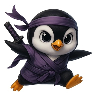 Edit the reference image of a penguin dressed like a ninja. Create variations in different colors. The penguin should not stand stiff like a mascot but be posed in a specific dynamic ninja-like action. Make the face cuter and ensure it resembles the reference image. Remove the background entirely. The image should be at least 1024x1024 pixels in size. sticker