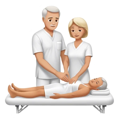 60-year-old white man dressed in white tunic giving massage to a 60-year-old white woman sticker