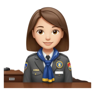Young girl, straight hair, wearing uniform jacket with hotel name badge, tasteful scarf, stand behind the desk sticker