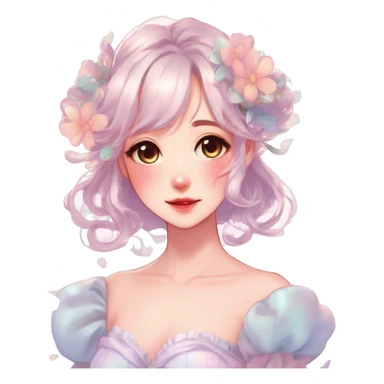 Gorgeous pastel anime style lady with blushing face with flower petals around cute dress  cottagecore fairycore pastelcore shiny colorful pearly petite simplistic aesthetic trending style sticker