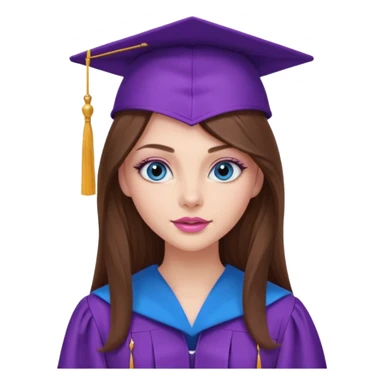 girl with gorgeous long brown hair, blue eyes, long lashes makeup, sexy pink lips, wearing a purple graduation cap and gown sticker