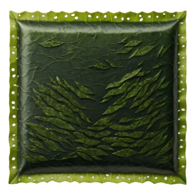 dried seaweed sheet nori, rectangular, deep green to olive, uneven edges, papery texture, thin and crisp, subtle glossy reflections, no packaging, no extra items, no faces, clean 3D, soft shadows, transparent background, emoji scale sticker