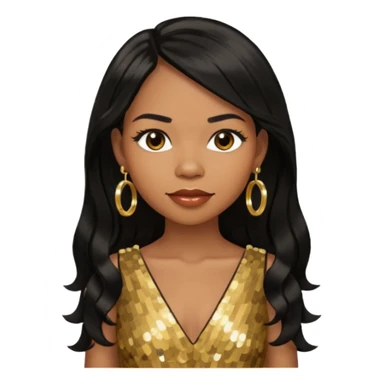 Michelle Williams R&B Singer, Long Black Hair, Medium Dark Skin, Brown Eyes, Gold Dress with earrings sticker