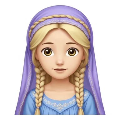 
mujer, Joven, de aspecto dulce y elegante.
Piel clara, ojos grandes y expresivos, sonrisa triste.
Rubio o castaño claro, largo, con trenzas o velo.
Vestido largo de tonos suaves (blanco, azul o lavanda), con bordados dorados; toca fina cubriendo la cabeza. cuerpo entero
 sticker