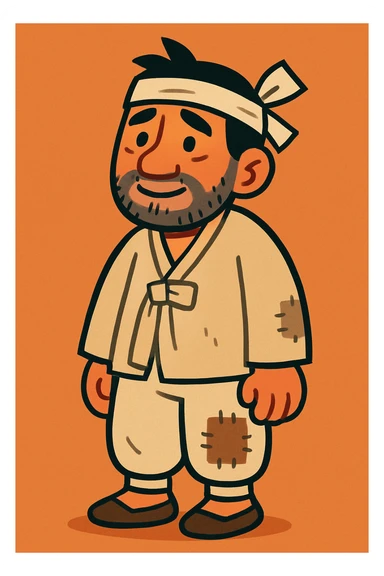 a poor Korean man, simple clothing, humble expression, cartoon style sticker