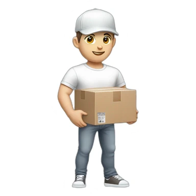 Pale skinned fit Man with dark brown hair in a white cap, gray jeans and gray polo T-shirt keeping a pasted with tape box into his hands sticker
