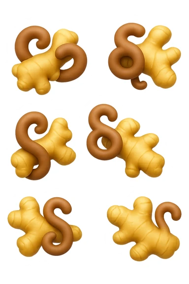 emoji stile iphone 3d di 6 piccoli pezzi di zenzero che fluttuano in aria con pezzi di colon arrotolati intorno, iperrealistico 4k sticker