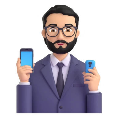 same professional man with medium black beard, neat black hair, connected unibrow, olive tan skin, brown eyes, glasses, prominent nose, dressed in formal black jacket, with mobile phone sticker