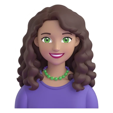 woman with wavy dark brown hair and green eyes, smiling sticker