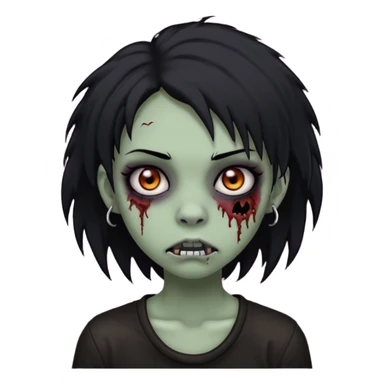 girl, zombie, black coily hair, medium long, emo, shaggy, dark, spooky, piercing on eyebrow, creepy blank expression sticker