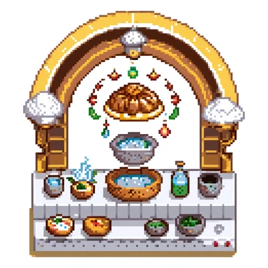 A divine baker surrounded by floating utensils, radiant ingredients, and a halo of light. The oven levitates, powered by pure energy. UI resembles clouds, golden rays, and ethereal scrolls—like a heavenly recipe interface. sticker
