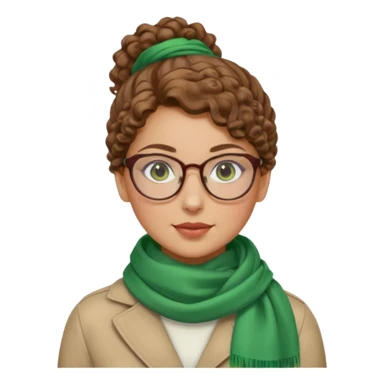 iranian woman, tight curly light brown hair in one high pony tail, glasses, green eyes, pretty, oval shape face, no hajib, scarf on neck sticker
