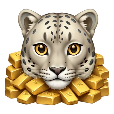 snow leopard symbol of Kazakhstan looking on pile of gold sticker