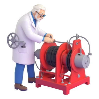 Elderly Russian scientist operating winch equipment on vintage marine geology research ship sticker