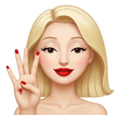 A smiling face with closed eyes forming upward curved lines, visible eyelashes, pursed lips with red lipstick, and a hand showing only the thumb out with all other fingers closed against the palm, painted nails sticker