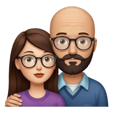Couple. Bald man with dark brown-black beard. White woman with many small, faded freckles, she has white skin and she has auburn-brown-cinnamon, dark long hair. She has light brown eyes. The man have hazel eyes and the man wear glass. She have light eyes. Retro style. She kisses him. sticker