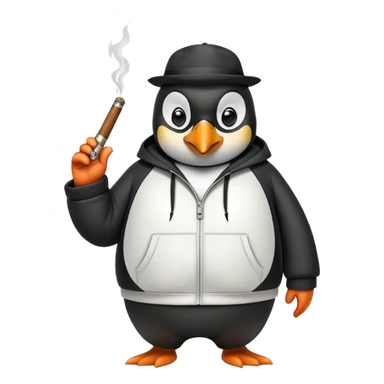 friendly anthropomorphised penguin wearing a mafia-style tracksuit, holding a cigar, secretive scheming pose, soprano vibe sticker