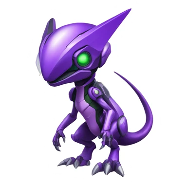 a chibi-style purple-green Genesect-Raptor-Fakémon—hybrid with a futuristic visor-helmet full body sticker