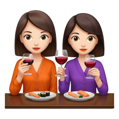 Two brunette girls eating sushi and drinking wine, first girl has a purple blouse and the second girl has an orange blouse sticker
