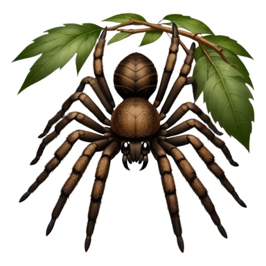 Giant hairy tarantulas (bird-eating spiders) in their natural habitat, surrounded by leaves and branches, with detailed textures of their legs and fur. Soft lighting highlights their features. Transparent background. sticker