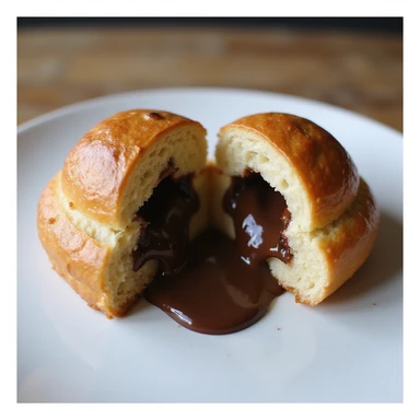 A Brioche Pasquier pitch pastry split in half, chocolate oozing out, with a focus on texture and deliciousness, in a photorealistic style sticker