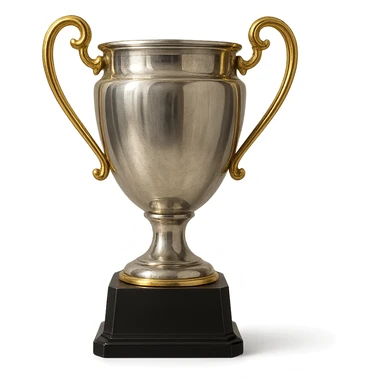 a classic trophy with a silver body and gold handles, detailed and reflective, transparent background sticker