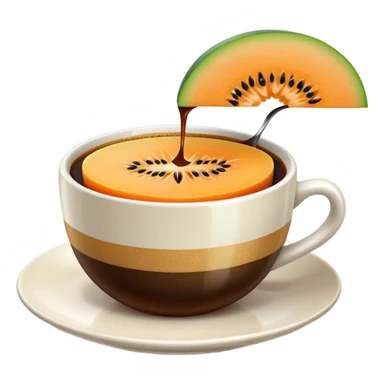 carajillo in a small espresso coffee cup with a slice of cantaloupe melon on the side sticker