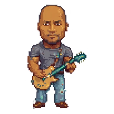 The Rock (Dwayne Johnson) playing a guitar, pixel art style sticker