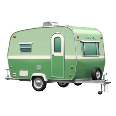 1960s Shasta trailer, single axle wheels, colored all green, the same green shade as movie trailer green preview card, light grey tires and grey hitch sticker