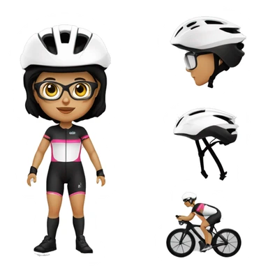 Ciclista MUJER de piel morena clara de contextura delgada estatura alta con zapatillas de ruta blancas licras negras y maillot blanco casco blanco y gafas negras con barba regular sticker